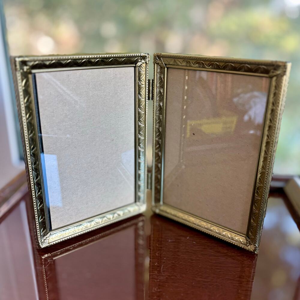 Vintage Hinged Double Picture Frame Gold Tone with Purple Velvet Back